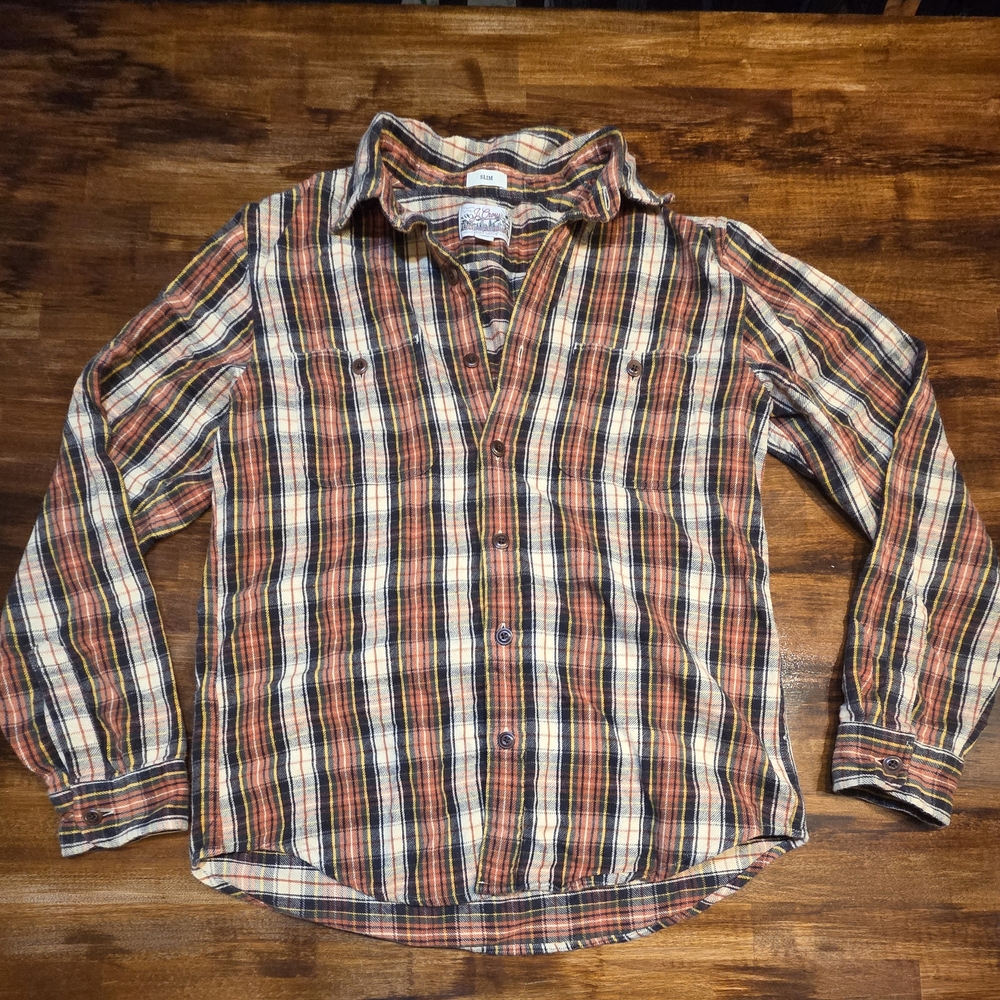 J Crew California Midweight Flannel Button Orange Plaid Slim Mens M Lumberjack